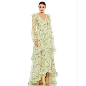 Mac Duggal Women's Floral Chiffon Tiered Ruffle Puff Sleeve Gown